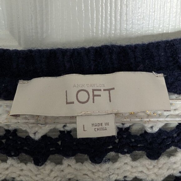 LOFT Stripe Crochet Knit Sweater Womens Size Large Blue White Nautical Casual - Picture 5 of 10